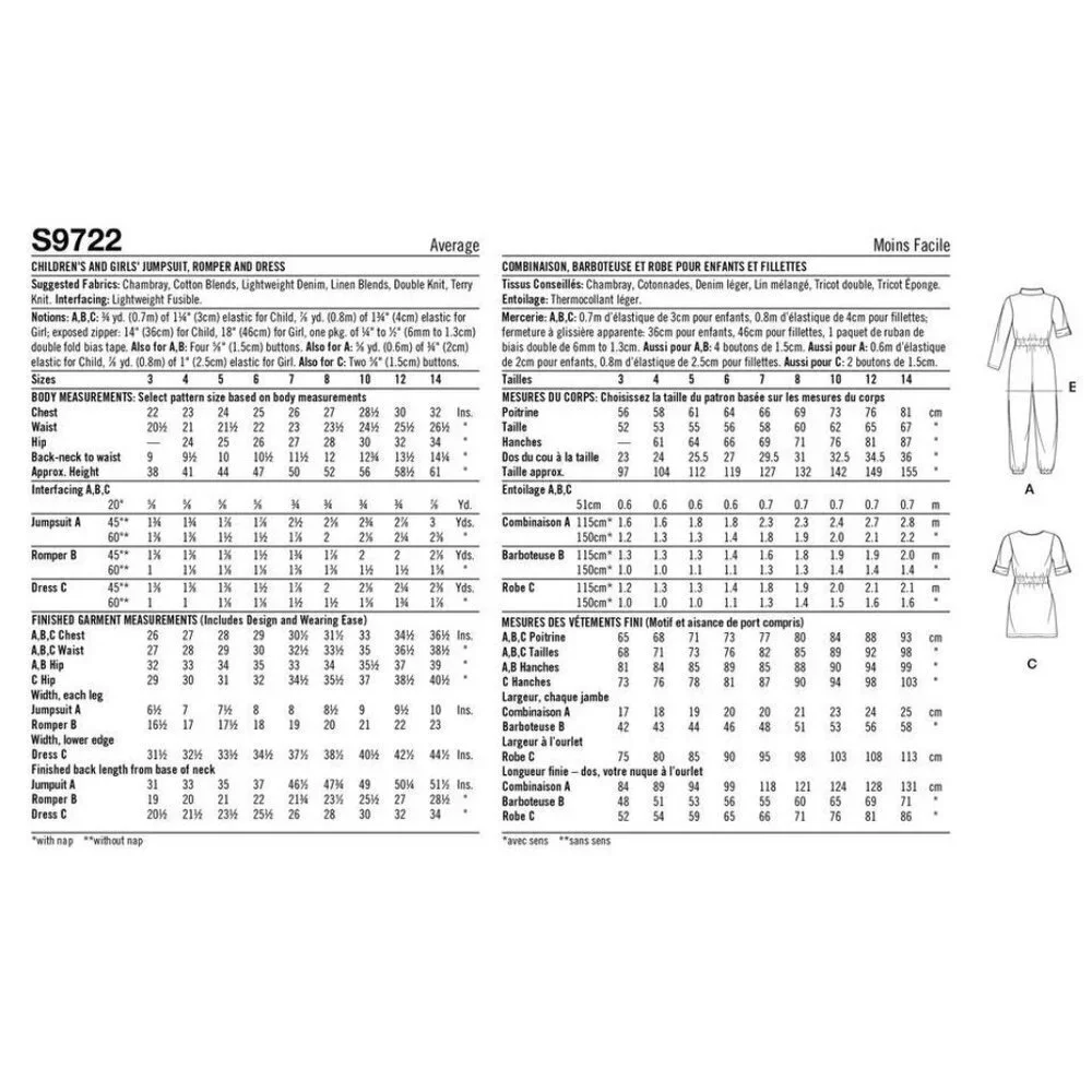 Simplicity Sewing Pattern 9722 R11705 Jumpsuit Romper Dress Girls‎ Size 3-6